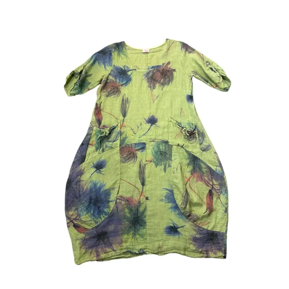 Green 100% Italian Linen Watercolor Floral Lagenlook Hobo Grunch Dress 0S Bubble
